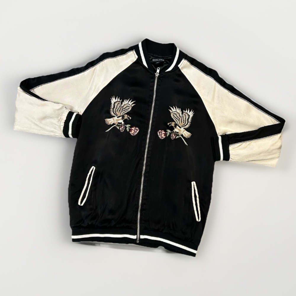 Kendall & Kylie PacSun Satin Bomber Jacket Eagle Rose Embroidery Black Cream EUC